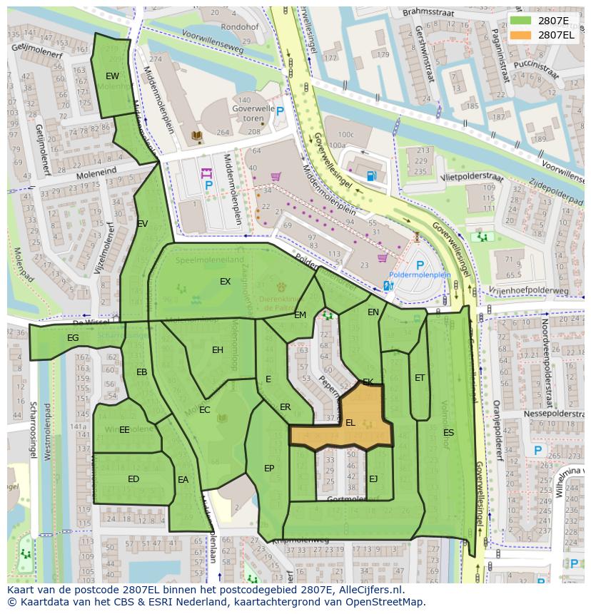 Afbeelding van het postcodegebied 2807 EL op de kaart.