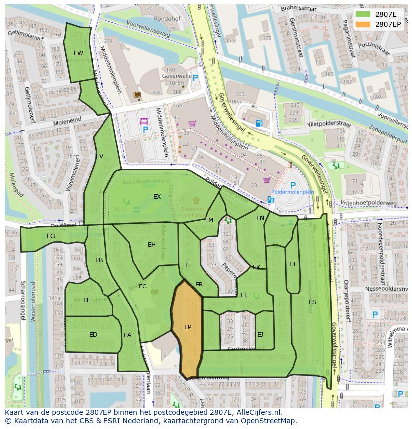 Afbeelding van het postcodegebied 2807 EP op de kaart.