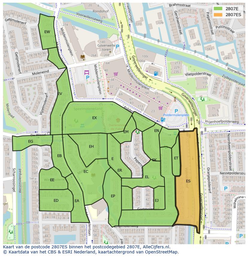 Afbeelding van het postcodegebied 2807 ES op de kaart.
