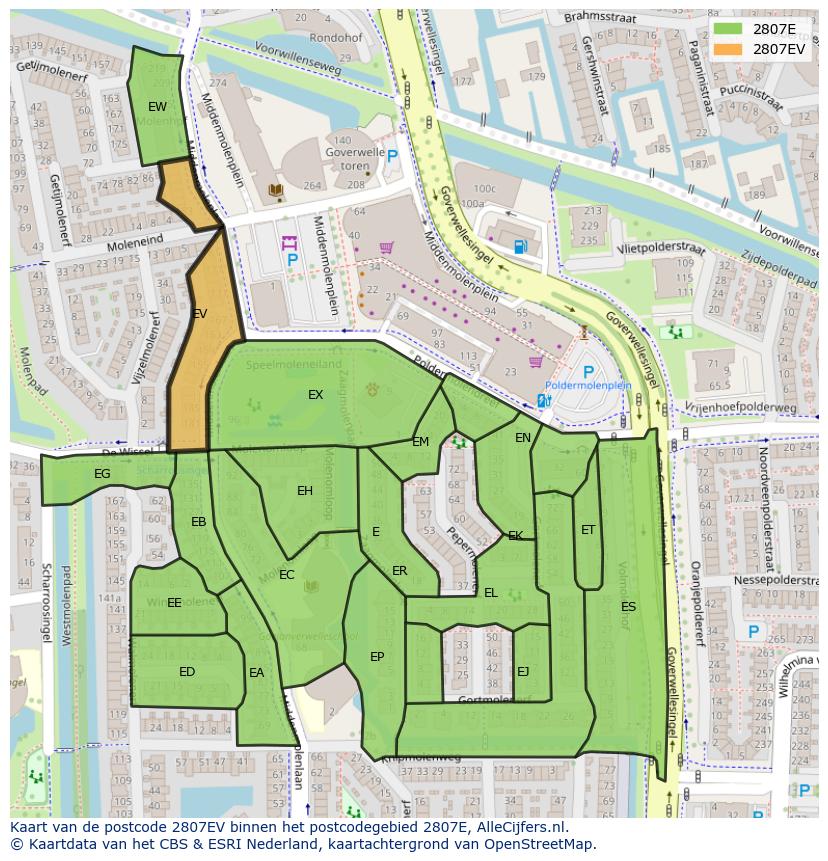 Afbeelding van het postcodegebied 2807 EV op de kaart.