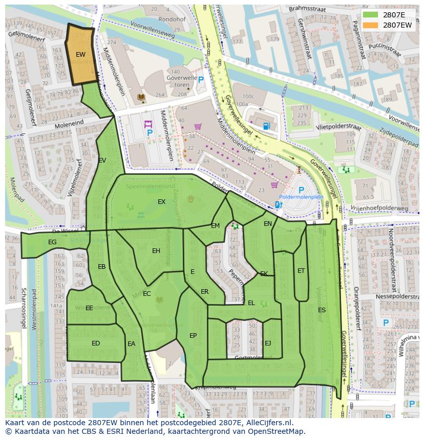Afbeelding van het postcodegebied 2807 EW op de kaart.