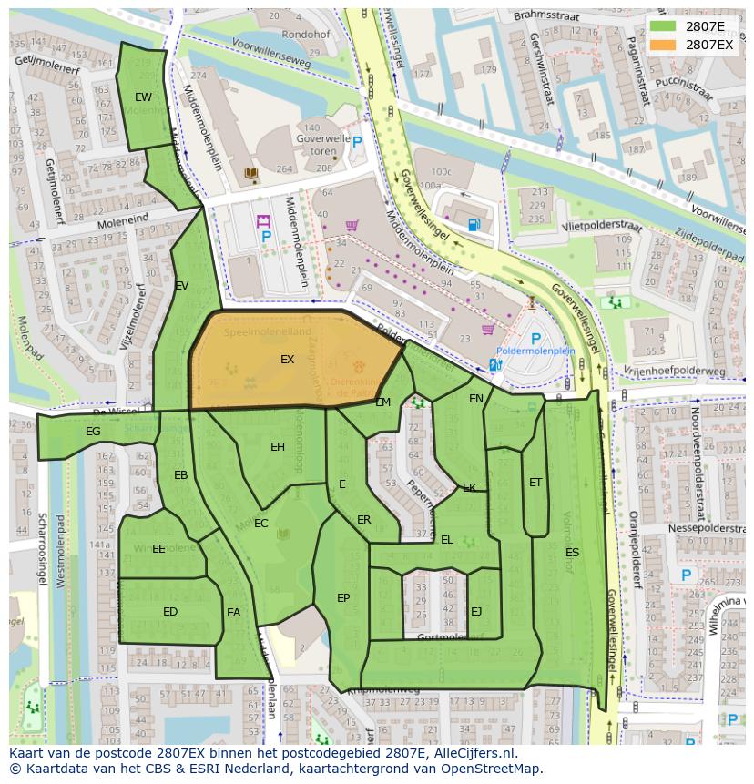 Afbeelding van het postcodegebied 2807 EX op de kaart.
