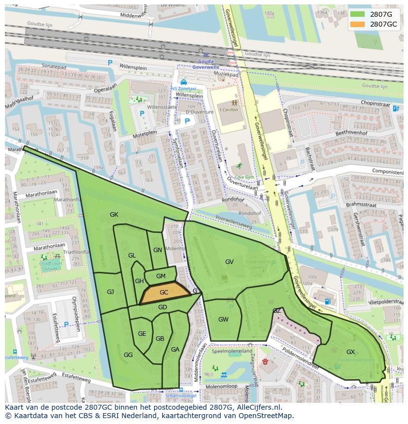Afbeelding van het postcodegebied 2807 GC op de kaart.