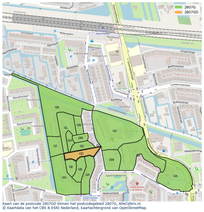 Afbeelding van het postcodegebied 2807 GD op de kaart.