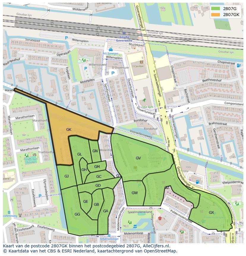 Afbeelding van het postcodegebied 2807 GK op de kaart.