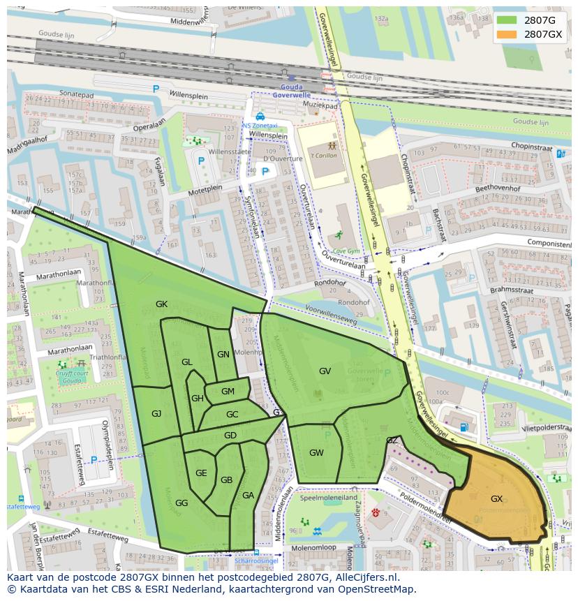 Afbeelding van het postcodegebied 2807 GX op de kaart.