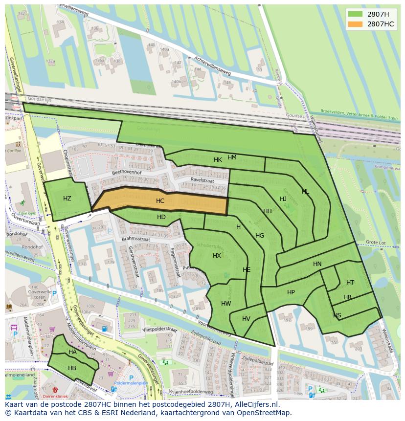Afbeelding van het postcodegebied 2807 HC op de kaart.