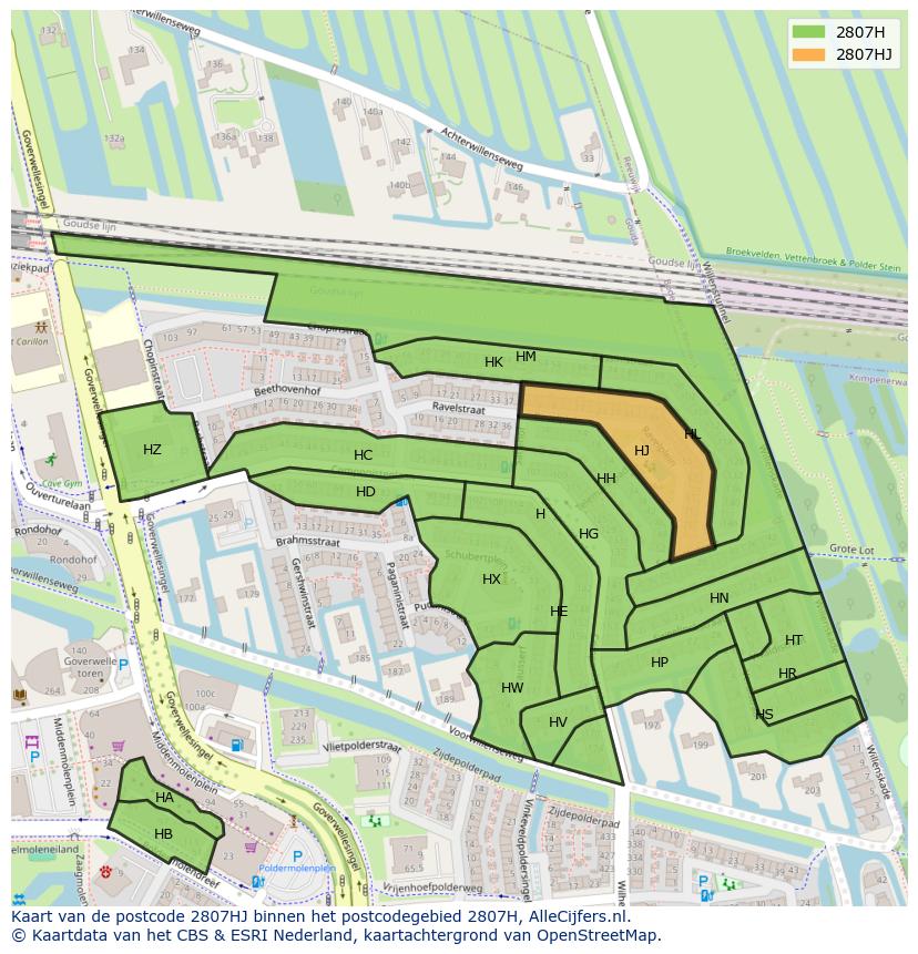 Afbeelding van het postcodegebied 2807 HJ op de kaart.