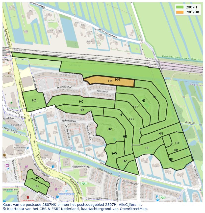 Afbeelding van het postcodegebied 2807 HK op de kaart.