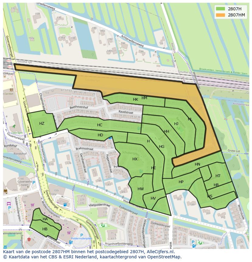 Afbeelding van het postcodegebied 2807 HM op de kaart.