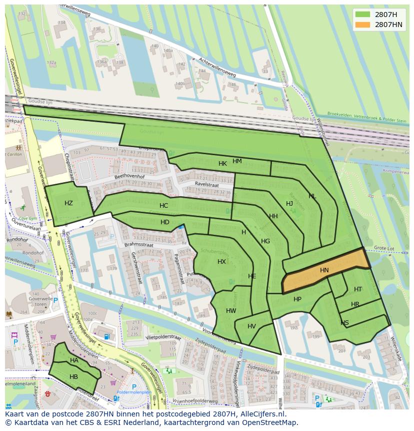 Afbeelding van het postcodegebied 2807 HN op de kaart.