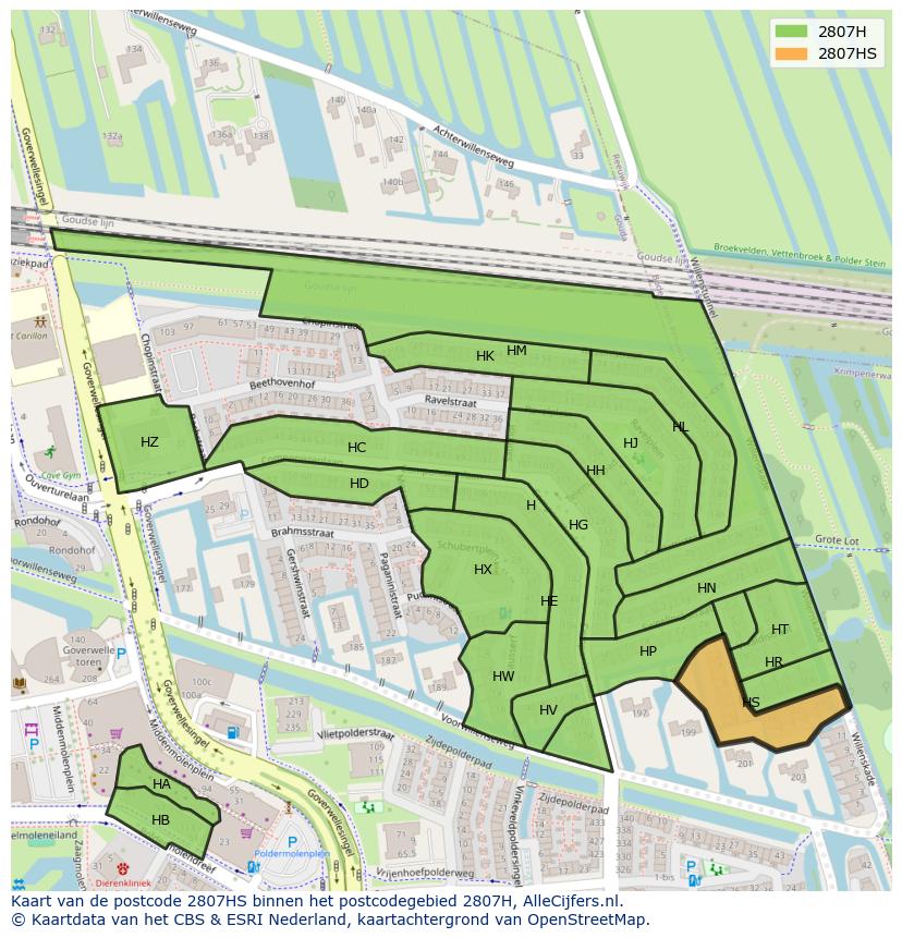 Afbeelding van het postcodegebied 2807 HS op de kaart.