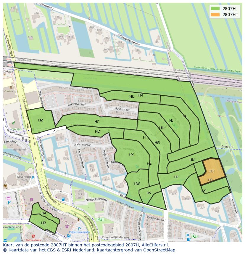 Afbeelding van het postcodegebied 2807 HT op de kaart.