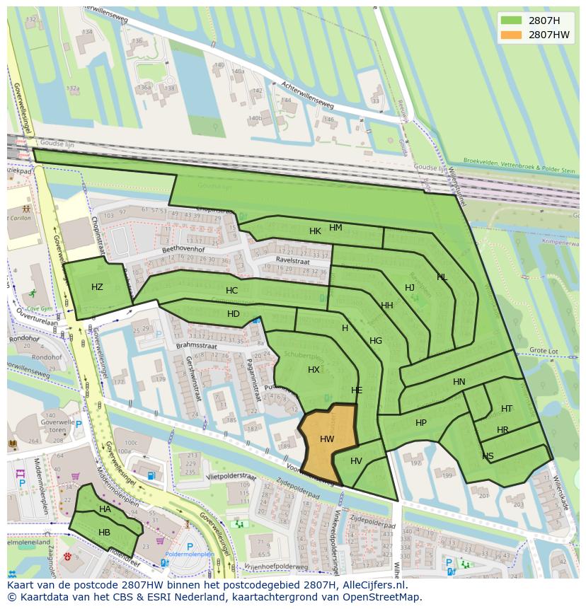 Afbeelding van het postcodegebied 2807 HW op de kaart.