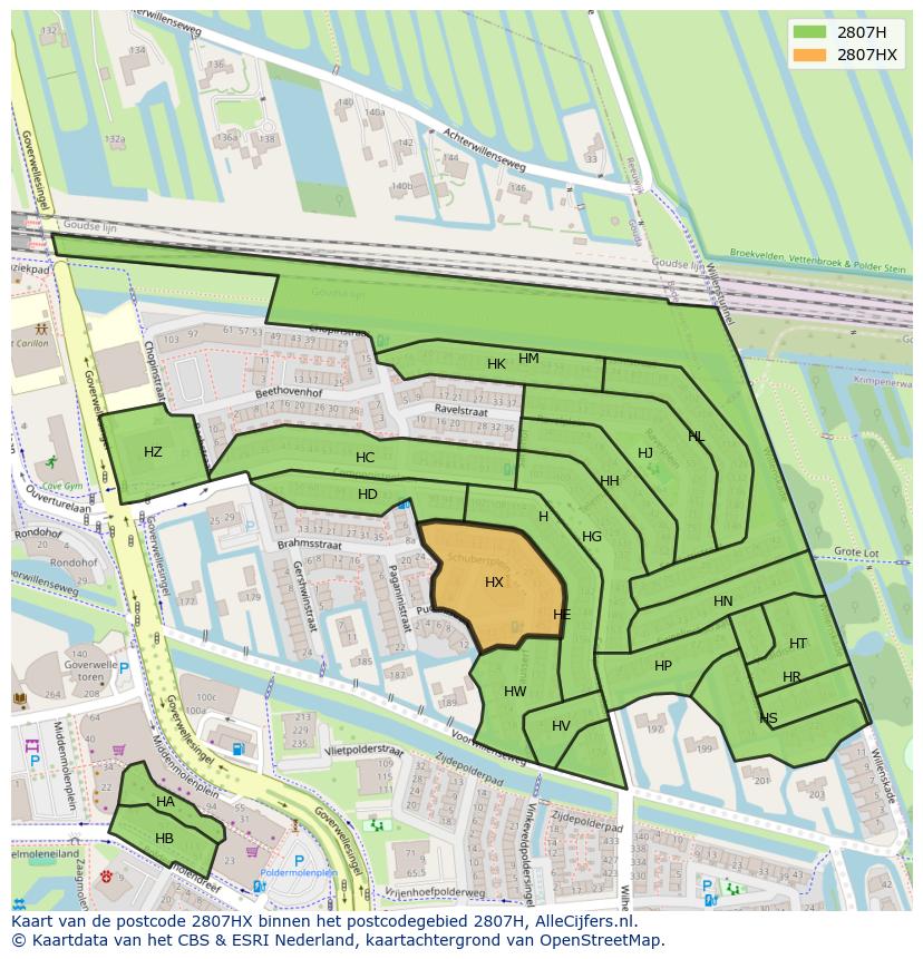 Afbeelding van het postcodegebied 2807 HX op de kaart.