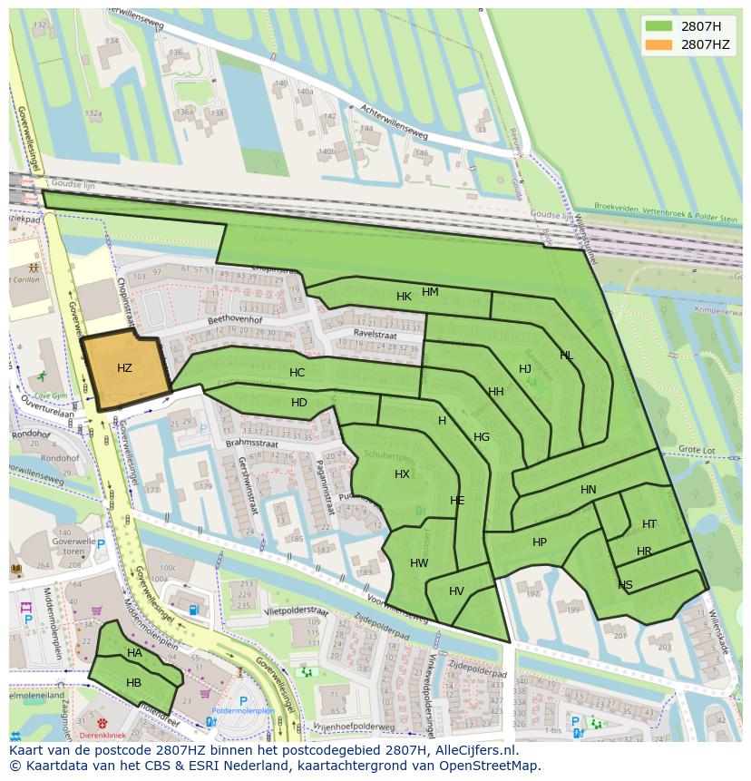 Afbeelding van het postcodegebied 2807 HZ op de kaart.