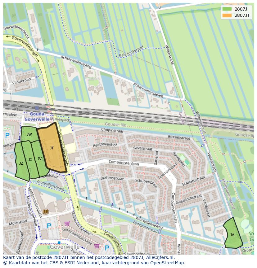 Afbeelding van het postcodegebied 2807 JT op de kaart.