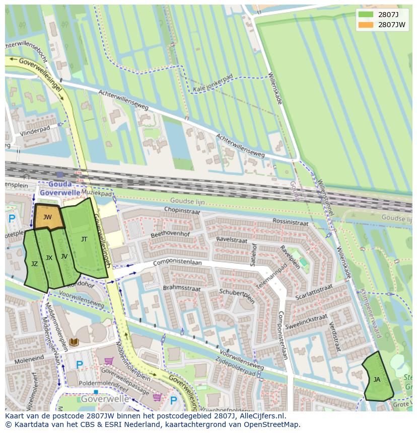 Afbeelding van het postcodegebied 2807 JW op de kaart.