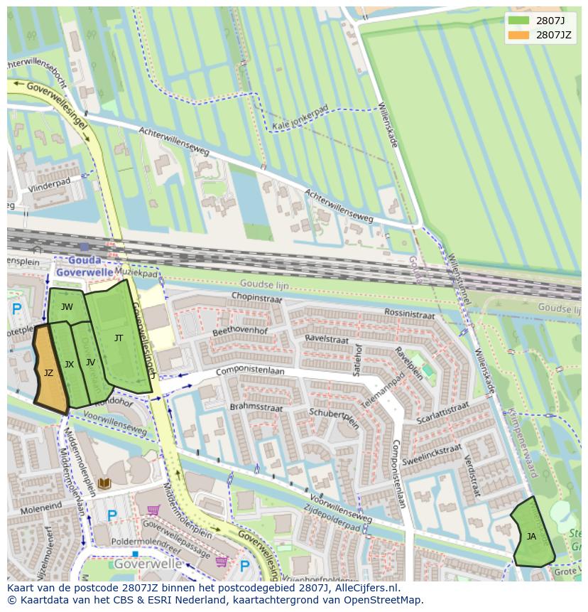 Afbeelding van het postcodegebied 2807 JZ op de kaart.