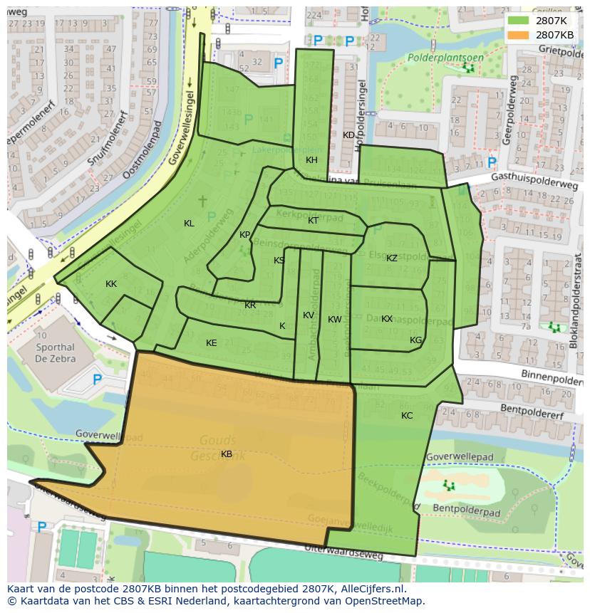 Afbeelding van het postcodegebied 2807 KB op de kaart.