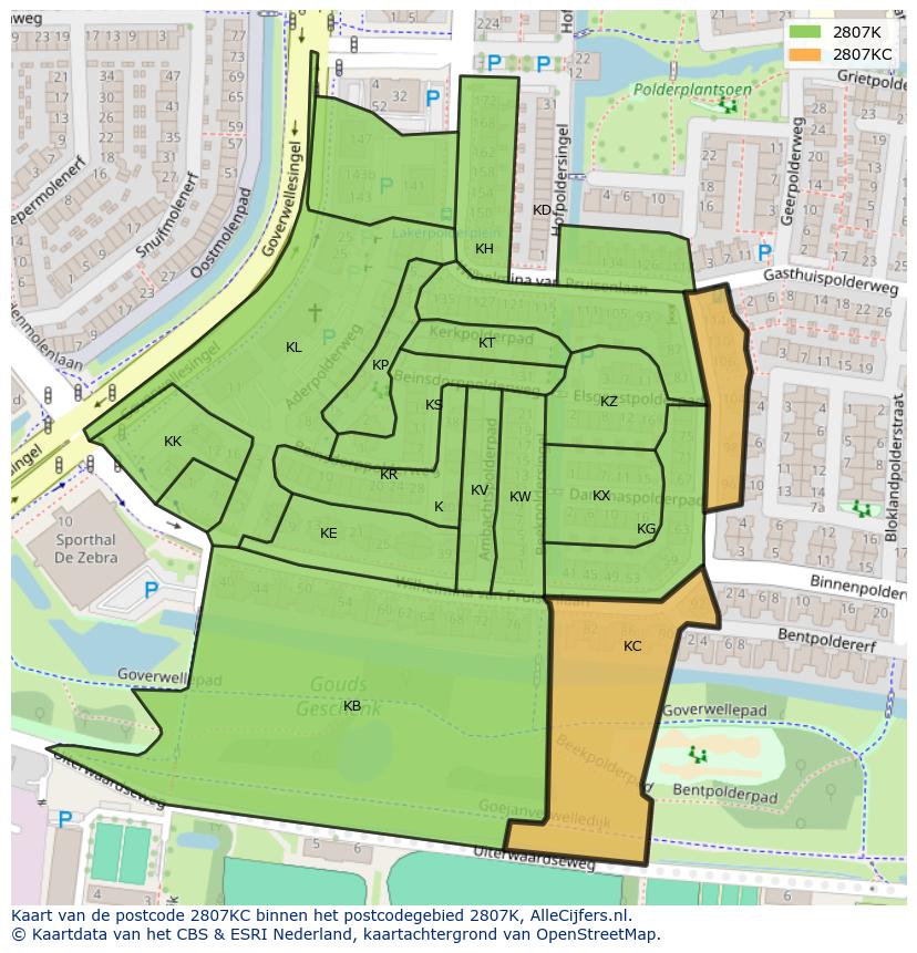 Afbeelding van het postcodegebied 2807 KC op de kaart.