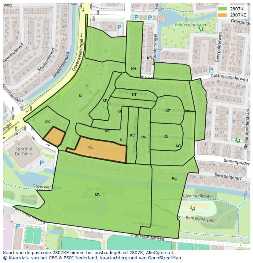 Afbeelding van het postcodegebied 2807 KE op de kaart.