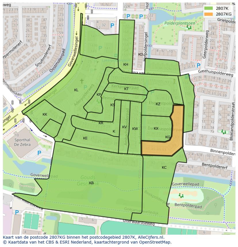Afbeelding van het postcodegebied 2807 KG op de kaart.