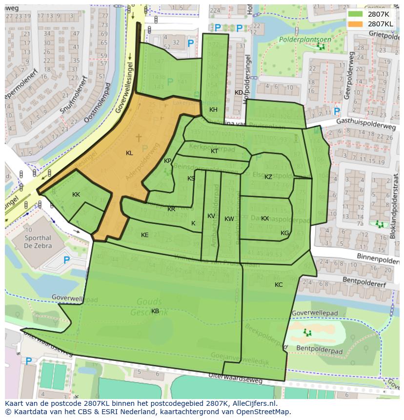 Afbeelding van het postcodegebied 2807 KL op de kaart.
