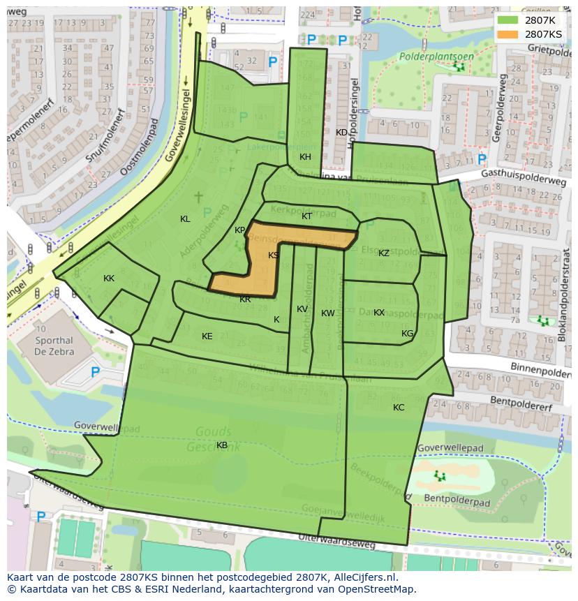 Afbeelding van het postcodegebied 2807 KS op de kaart.