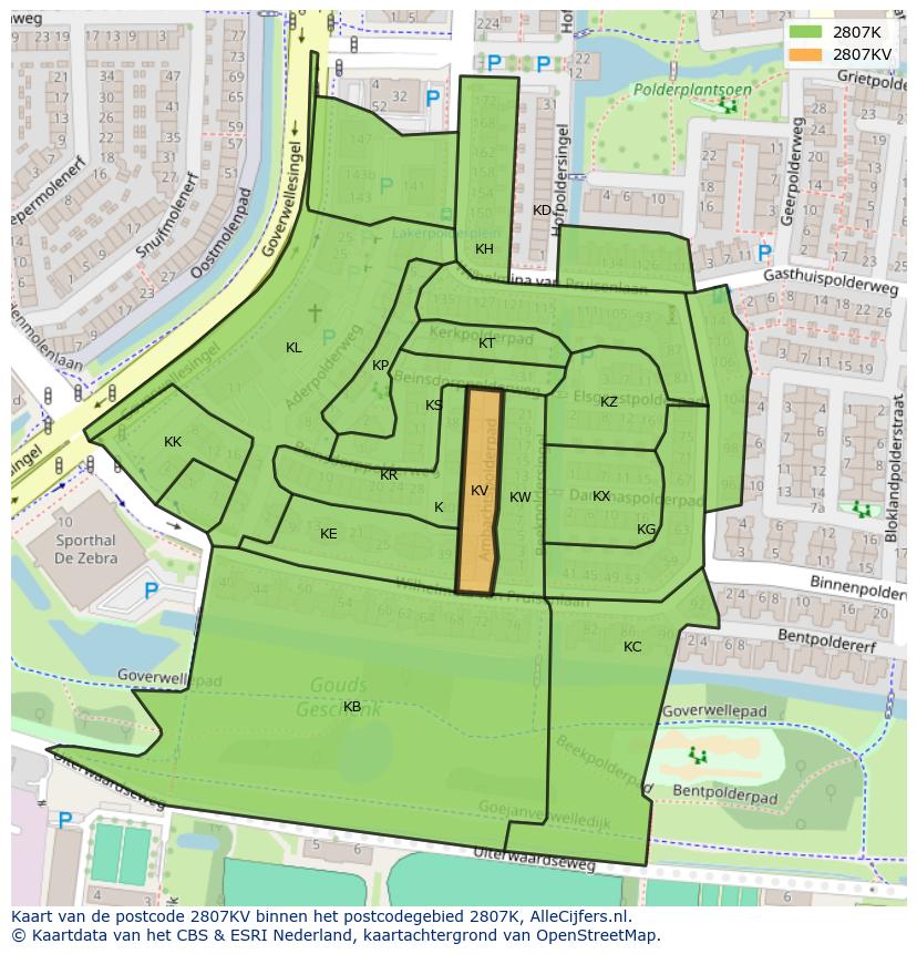 Afbeelding van het postcodegebied 2807 KV op de kaart.