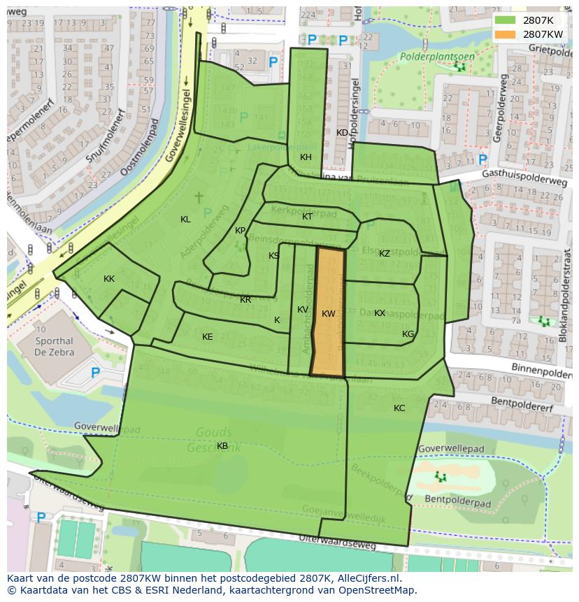 Afbeelding van het postcodegebied 2807 KW op de kaart.