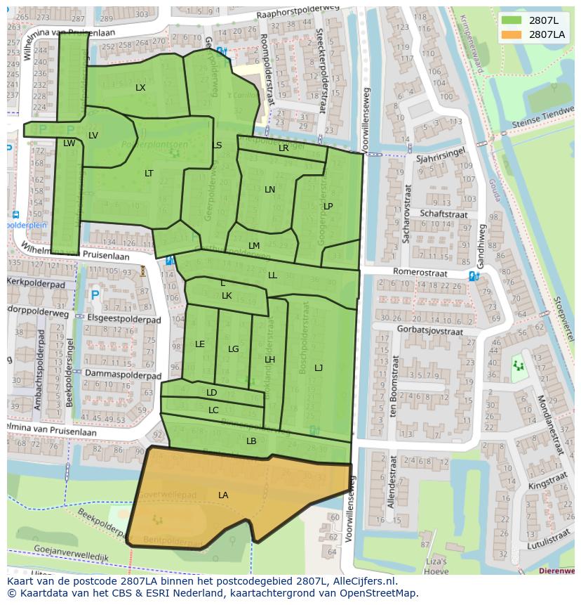 Afbeelding van het postcodegebied 2807 LA op de kaart.