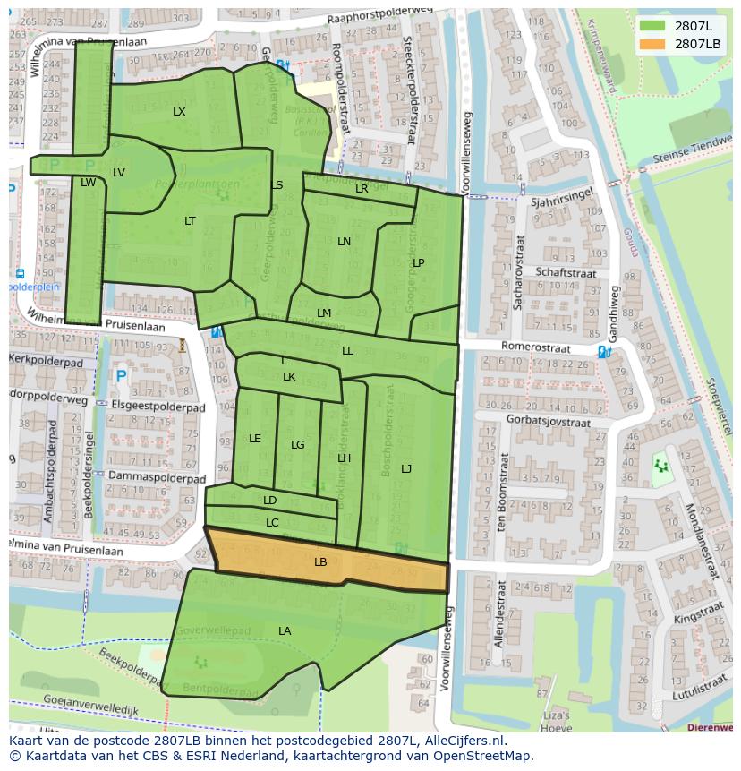 Afbeelding van het postcodegebied 2807 LB op de kaart.