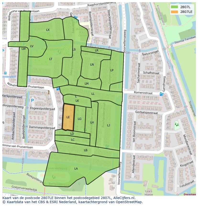 Afbeelding van het postcodegebied 2807 LE op de kaart.