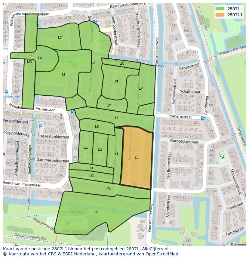 Afbeelding van het postcodegebied 2807 LJ op de kaart.