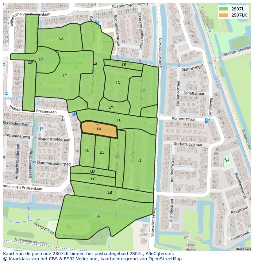 Afbeelding van het postcodegebied 2807 LK op de kaart.