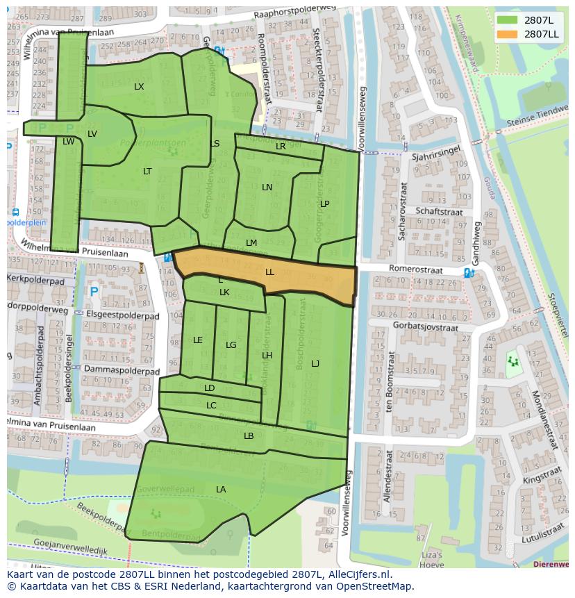 Afbeelding van het postcodegebied 2807 LL op de kaart.