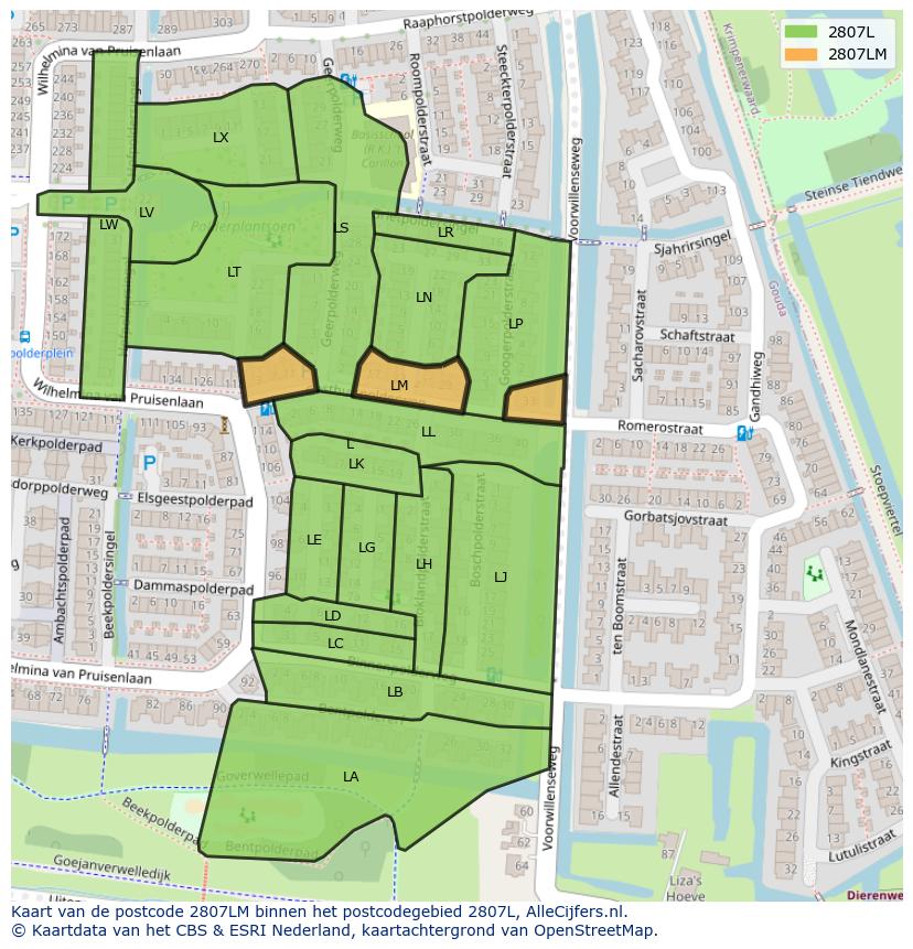 Afbeelding van het postcodegebied 2807 LM op de kaart.