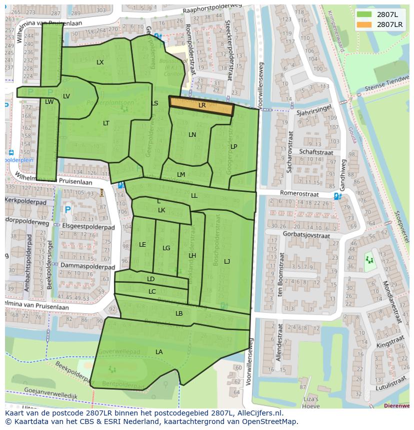 Afbeelding van het postcodegebied 2807 LR op de kaart.