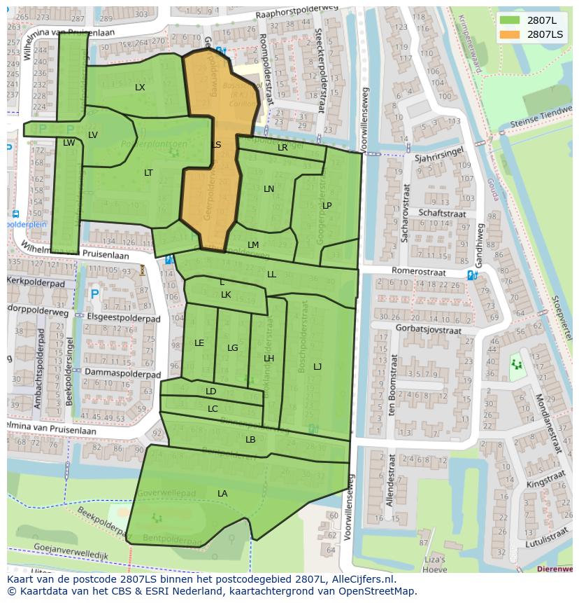 Afbeelding van het postcodegebied 2807 LS op de kaart.