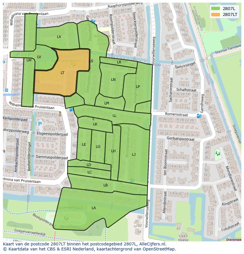 Afbeelding van het postcodegebied 2807 LT op de kaart.