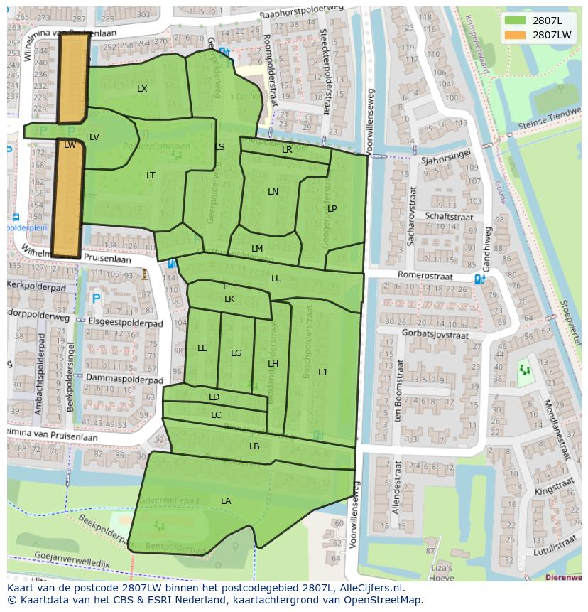 Afbeelding van het postcodegebied 2807 LW op de kaart.
