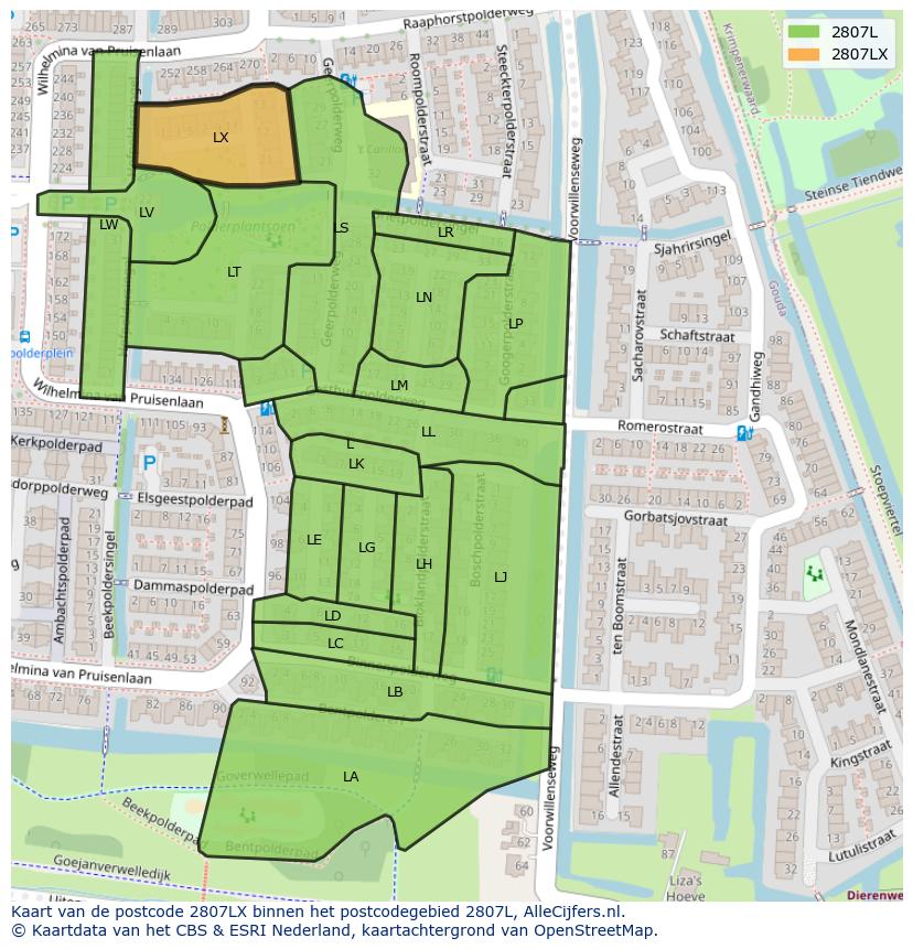 Afbeelding van het postcodegebied 2807 LX op de kaart.