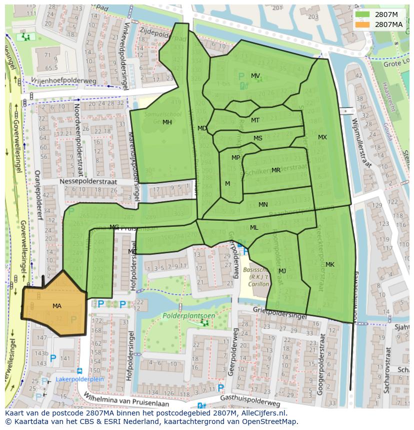 Afbeelding van het postcodegebied 2807 MA op de kaart.