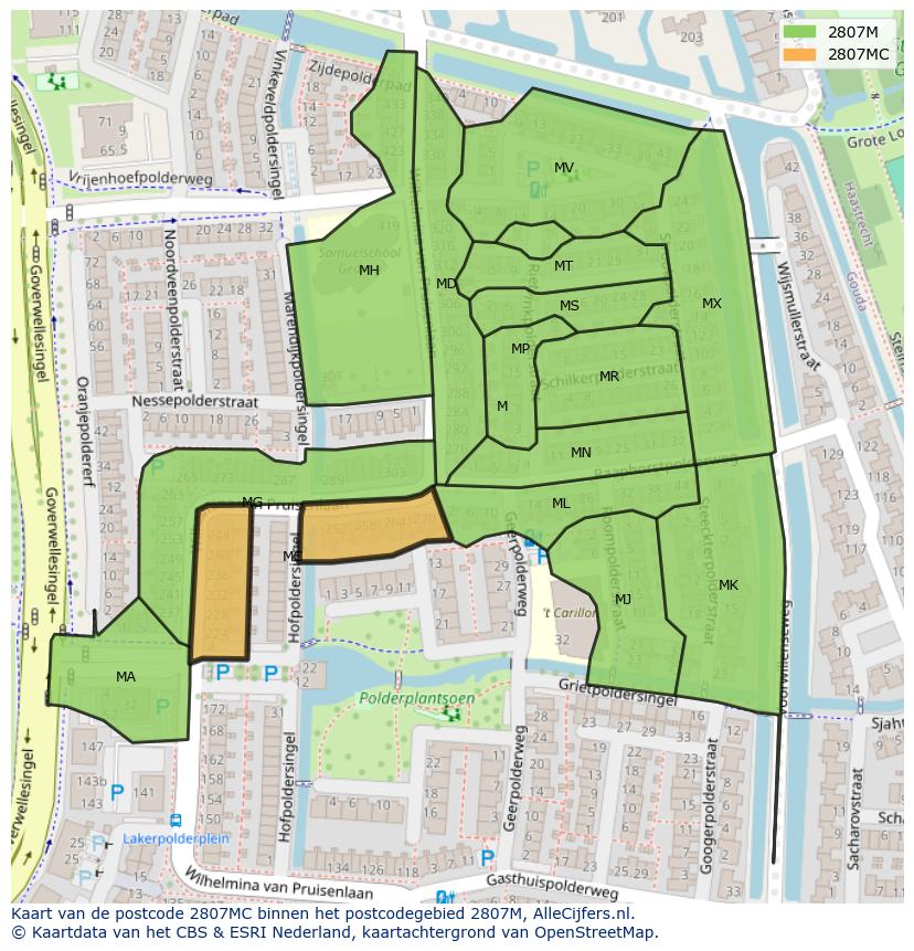 Afbeelding van het postcodegebied 2807 MC op de kaart.