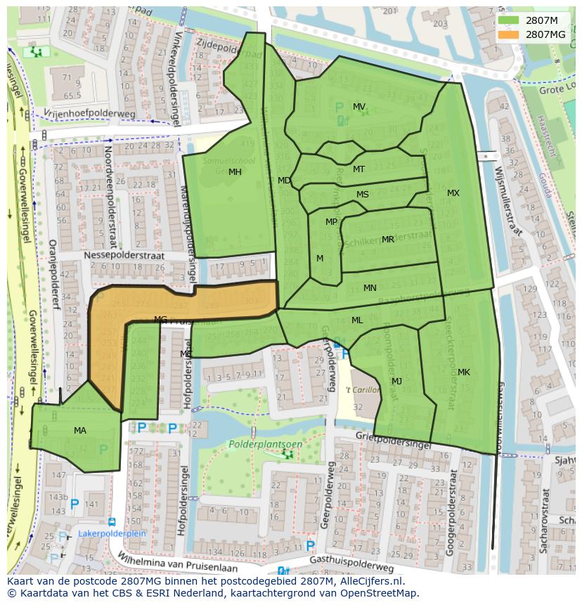Afbeelding van het postcodegebied 2807 MG op de kaart.
