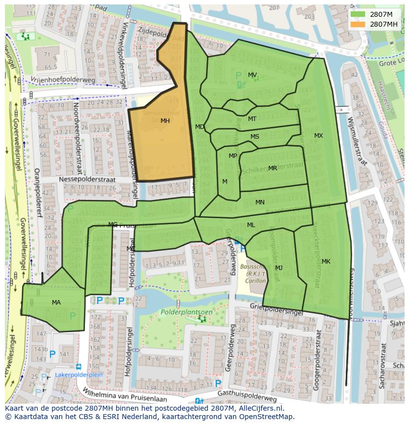Afbeelding van het postcodegebied 2807 MH op de kaart.