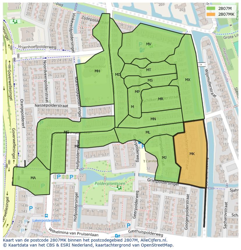 Afbeelding van het postcodegebied 2807 MK op de kaart.