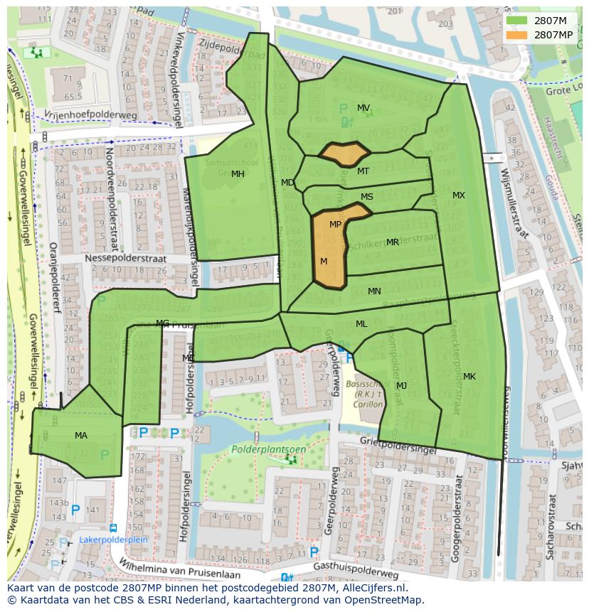 Afbeelding van het postcodegebied 2807 MP op de kaart.