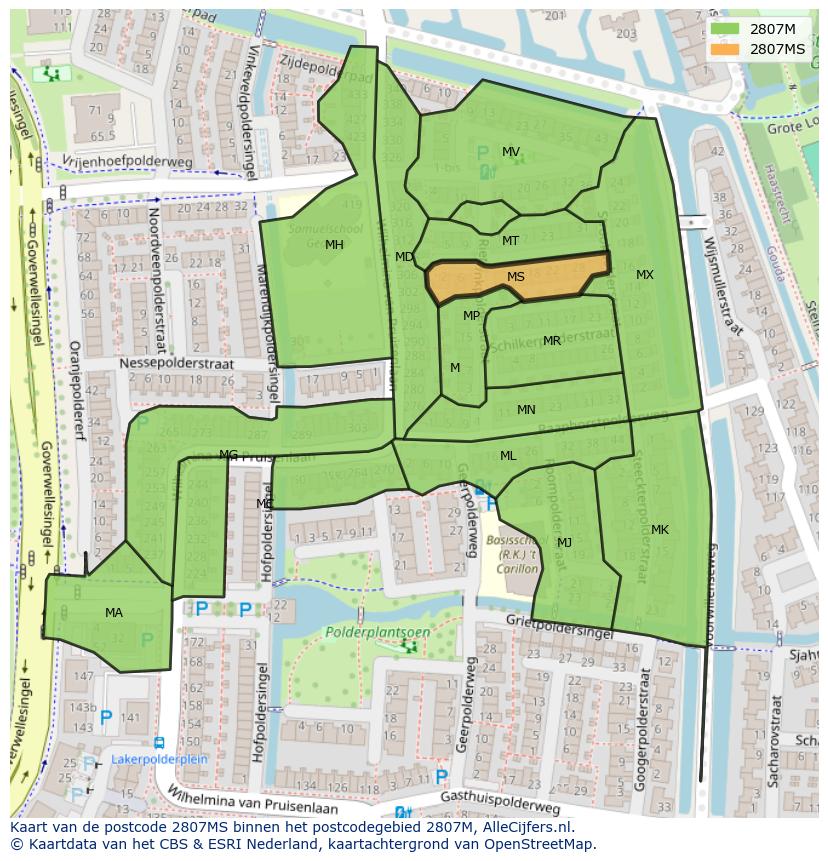 Afbeelding van het postcodegebied 2807 MS op de kaart.